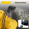 Close-up of a yellow power tool with a dust collection attachment, showing sawdust being expelled. Produktbild-Vorschau