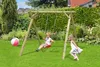 Children playing on a wooden swing set in a garden. Produktbild-Vorschau