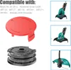A collage of a red spool cap, a black spool of trimmer line, and three images of Bosch grass trimmers. Podgląd zdjęcia produktu