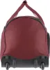 The bottom view of a maroon rolling duffel bag with black wheels and trim. Náhľad obrázku produktu