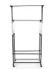 A freestanding garment rack with two hanging rails and two shelves, on wheels. Náhled obrázku produktu