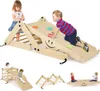 A collage of images showing children playing with a wooden climbing set, including a slide, climbing wall, and seesaw. Podgląd zdjęcia produktu