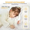 A child sleeping on a mattress with marketing text and icons on the side. Produktbild-Vorschau
