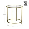 A round glass-top side table with a gold metal frame, shown with dimensions and weight capacity. Náhľad obrázku produktu