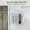 A mailbox with an owl design is shown on a white wall during a rain shower, with a protective shield overlay. Produktbild-Vorschau