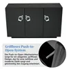 A black sideboard with three doors, each featuring a white hand icon. A circular inset shows a close-up of a push-to-open mechanism. Text describes the push-to-open system. Anteprima dell’immagine prodotto