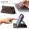 A collage of images showing a brown leather phone case with a stand feature, a hand interacting with a phone in the case, and a keyboard. Produktbild-Vorschau