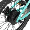 A close-up view of the rear wheel and drivetrain of a teal bicycle, showing the motor hub, chain, and brake disc. Produktbild-Vorschau