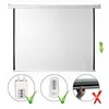 A white projection screen with accessories shown in circles below. Produktbild-Vorschau