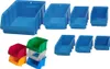 A collection of various sizes of blue plastic storage bins, with a small stack of red, yellow, green, white, and blue bins in the foreground. Anteprima dell’immagine prodotto