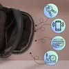 An open black leather backpack with internal compartments, next to icons representing keys, a ringing phone, books, and makeup. Voir les images du produit