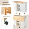 Collage of images showing a white kitchen cart with a wooden drop-leaf countertop, highlighting its features like the folding top, support frame, and wheels. Podgląd zdjęcia produktu