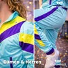 A collage of two images showing a person wearing a retro tracksuit. The left image shows the upper body and shoulder area, while the right image shows the lower body and legs. Anteprima dell’immagine prodotto
