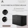 A marketing image for a black washbasin cabinet, showcasing its design and features with text overlays and close-up views of its drawers. Produktbild-Vorschau