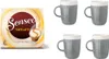 A collage showing a box of Senseo Cafe Latte coffee pads and four gray mugs with white tops. Produktbild-Vorschau