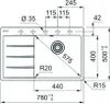 Technical drawing of a kitchen sink with dimensions and specifications. Podgląd zdjęcia produktu