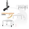 Illustrates the setup process of a pop-up tent, showing it in a folded bag, partially assembled, and fully assembled. Produktbild-Vorschau