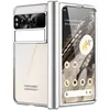 A folded smartphone case is shown with the phone inside, displaying its screen and camera. Produktbild-Vorschau