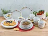 A breakfast setting with a floral patterned dinnerware set, including plates, bowls, and mugs, along with waffles, blueberries, and strawberries. Náhľad obrázku produktu