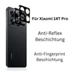 A black smartphone with a camera lens protector shown from the back, with text overlays describing its features. Produktbild-Vorschau