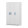 A white three-door wardrobe with blue handles against a white background. Voir les images du produit