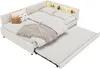A white corner daybed with an extended trundle bed, featuring a headboard with built-in lighting and shelves. Náhled obrázku produktu