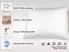 A white pillow is shown with various certifications and material details presented in small images and text on the left side. Produktbild-Vorschau