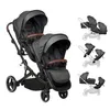 A twin stroller with multiple configurations shown on the right. Produktbild-Vorschau