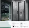 A modern shower enclosure with features highlighted by text and icons. Produktbild-Vorschau