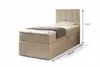 A single bed with a headboard, mattress, and storage base, shown from a side angle with dimensions indicated. Produktbild-Vorschau