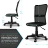 Two views of a black office chair with dimensions indicated by blue lines and text. Náhled obrázku produktu