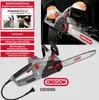 A collage of images showing an electric chainsaw and its features, with a person using a similar chainsaw in the background. Podgląd zdjęcia produktu