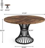 A diagram showing the dimensions of a round dining table with a wooden top and a black metal base, alongside a silhouette of a person for scale. Podgląd zdjęcia produktu