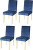 Four blue dining chairs with light wooden legs are arranged in a grid formation against a white background. Produktbild-Vorschau