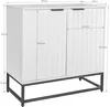 A white sideboard with a metal base and handles, shown with dimensions indicated by measurement lines and text. Produktbild-Vorschau