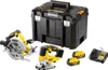 A set of DeWalt power tools including a circular saw, jigsaw, two batteries, a charger, and a storage case, displayed against a white background. Produktbild-Vorschau