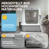 A cat sitting next to a litter box with various features highlighted by text overlays. Produktbild-Vorschau