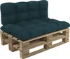 A dark green pallet cushion set on a wooden pallet. Voir les images du produit