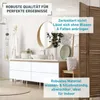 A bathroom vanity with a sink, mirror, and shower, featuring promotional text overlays. Produktbild-Vorschau