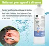 A bottle of cleaning solution is shown next to a pair of glasses being rinsed under water, with text describing the product's use. Produktbild-Vorschau