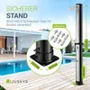 A solar shower is shown next to a swimming pool and a patio area, with text overlays highlighting its features and dimensions. Náhled obrázku produktu