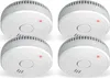 Four white and gray smoke detectors are arranged in a two-by-two grid against a white background. Produktbild-Vorschau