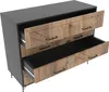 A modern dresser with wooden drawer fronts and black accents, shown from a slightly elevated angle with two drawers open. Náhled obrázku produktu