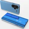 A blue smartphone with a clear view flip case is shown, with the phone and case displayed separately. Produktbild-Vorschau