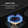 A close-up of a gas burner on a black stovetop with a blue flame. Podgląd zdjęcia produktu
