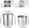 Dimensions of a large stainless steel pot and a perforated basket are shown with measurement labels. Náhled obrázku produktu