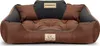 A brown and gray dog bed with two small pillows and two brand tags. Voir les images du produit