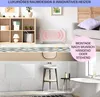 A collage of product images showcasing a modern radiator in different room settings and a close-up of a bathroom. Produktbild-Vorschau