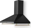 A black kitchen range hood with gold accents, presented against a white background. Produktbild-Vorschau