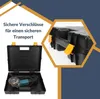 A black tool case, open to show an angle grinder inside, with a close-up inset of the case latches. Produktbild-Vorschau